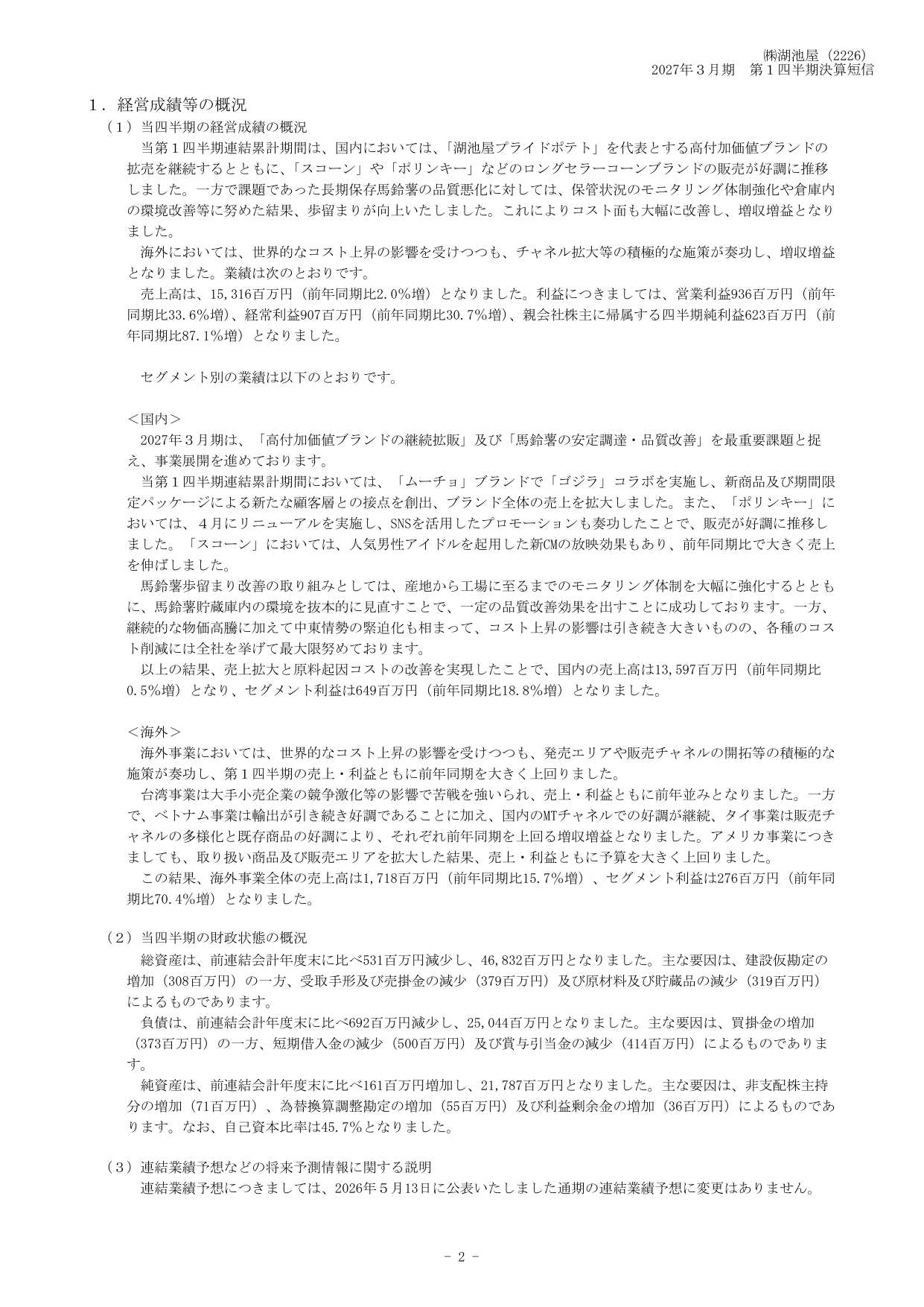 湖池屋、2027年3月期1Qは営業益33.6%増 馬鈴薯の歩留まり改善奏功 4 ページ目