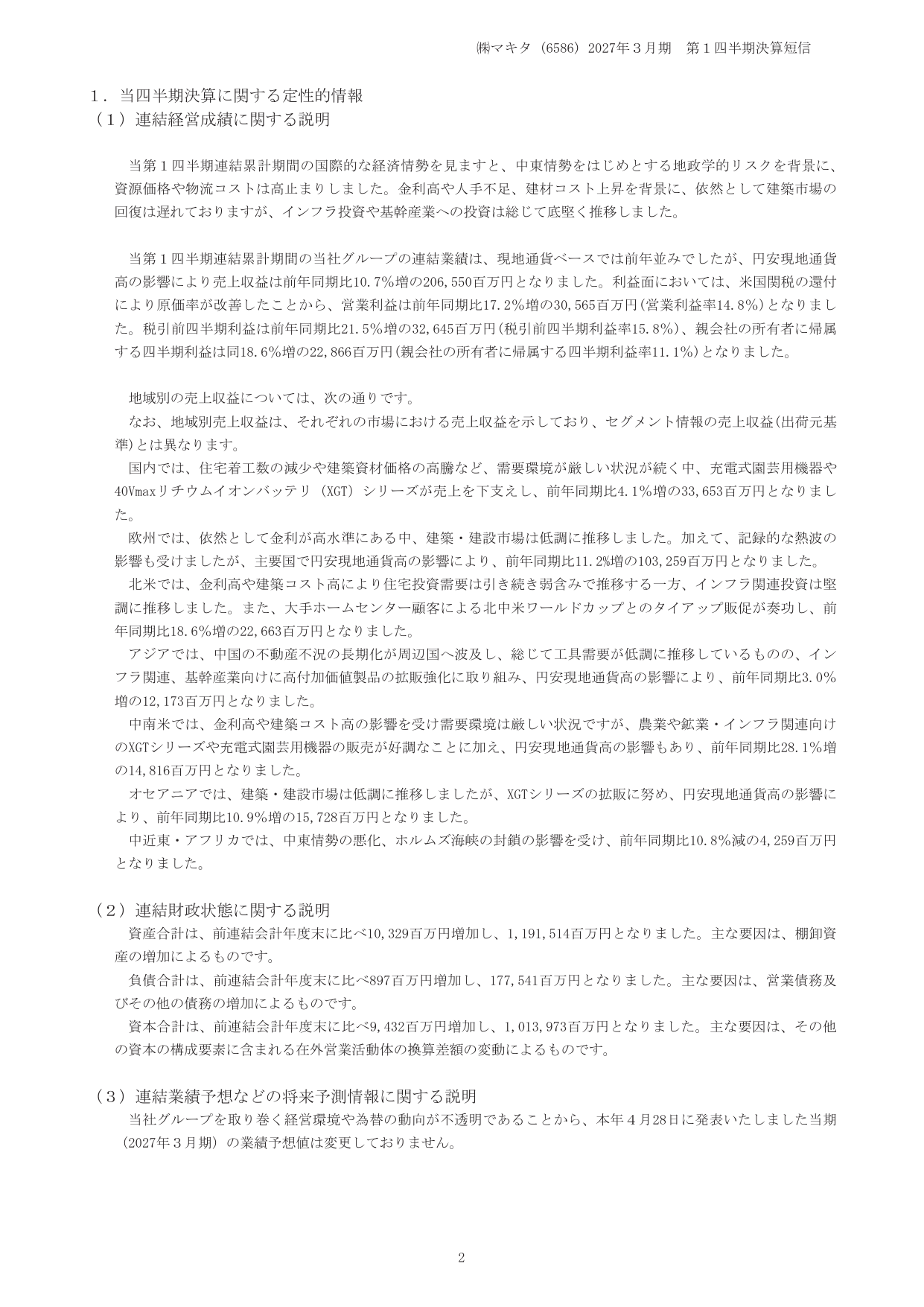 マキタ、2027年3月期1Qは営業益17.2%増 米国関税還付や円安寄与 4 ページ目